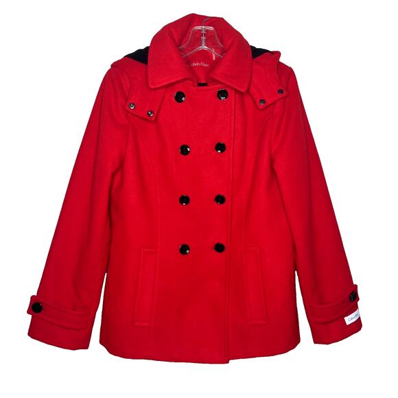 NWOT Calvin Klein Double Breasted Pea Coat Red Removable Hood Size 12 - Picture 1 of 16